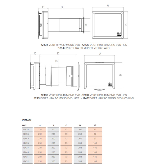 Rekuperator ścienny 100 38m3/h HRW Mono Evo HCS WiFi